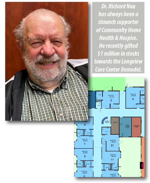 A portrait of Dr. Richard Nau with a floor plan of the Longview Hospice Care Center remodel project