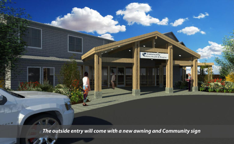 3-D rendering: The outside entry will come with a new awning and Community sign