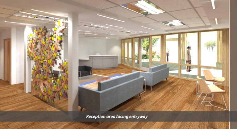3-D rendering: Reception area facing the entryway