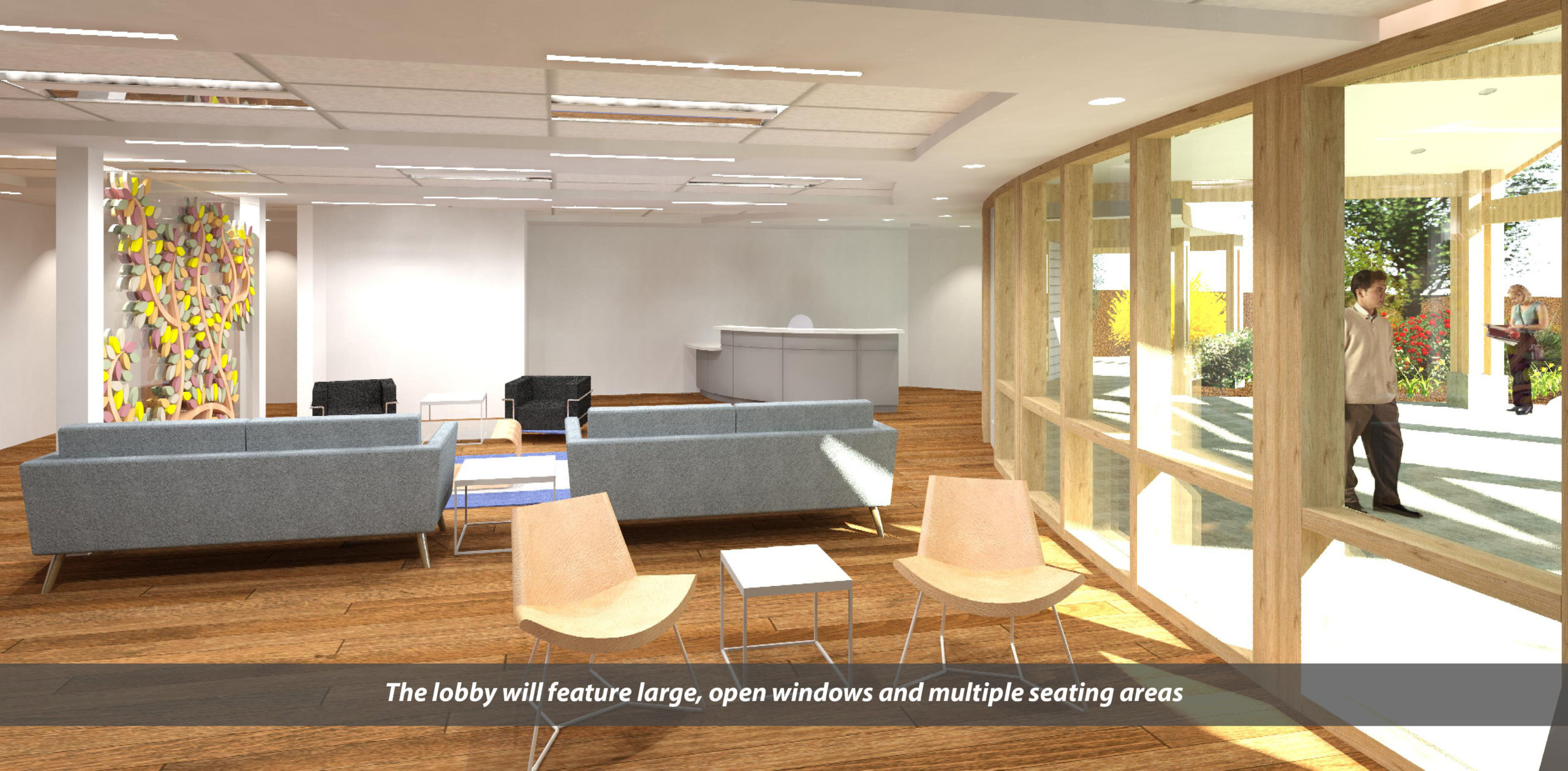 3-D rendering: The lobby will feature large, open windows and multiple seating areas